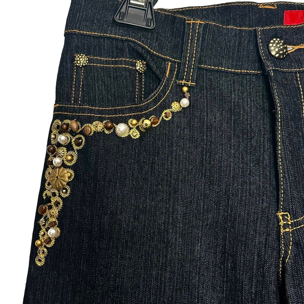 V Cristina Jeans Cropped 2P Black Beaded Cheetah Print Satin Hem - Picture 2 of 9